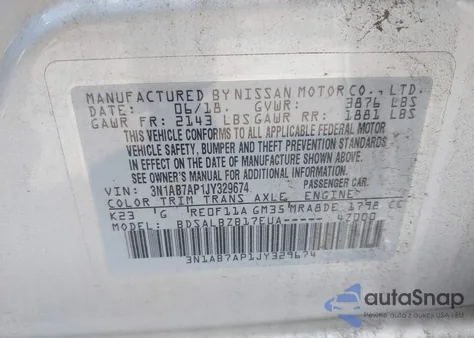 2018 Nissan Sentra S from USA, damaged, VIN 3N1AB7AP1JY329674